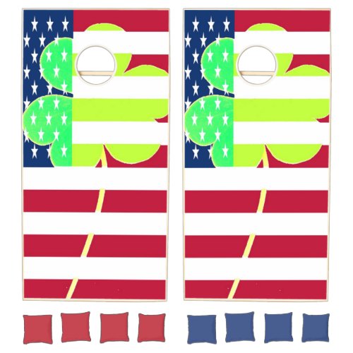 Shamrock Clover Irish American Flag St Patrick Cornhole Set