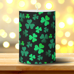 Shamrock Clover Leaf Floral Green and Black Modern Pillar Candle