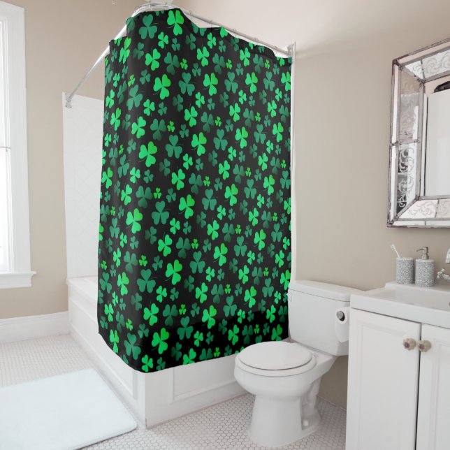 Shamrock Clover Leaf Floral Modern Green and Black Shower Curtain (In Situ)