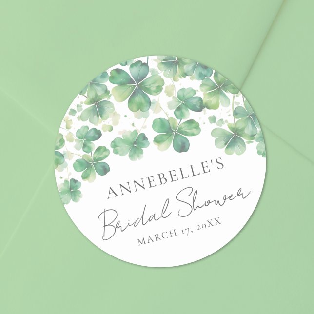 Shamrock Clover Lucky In Love Bridal Shower  Classic Round Sticker (Shamrock Clover Lucky In Love Bridal Shower Classic Round Sticker)