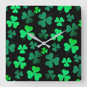 Shamrock Clover Modern Trendy Black and Green Square Wall Clock