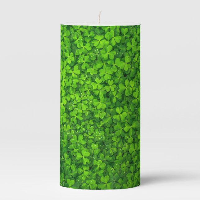 Shamrock Clovers Green Irish Floral Ireland Pillar Candle (Front)