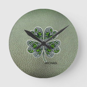 Shamrock Colover St.Patrick`s Day Green Leather Round Clock