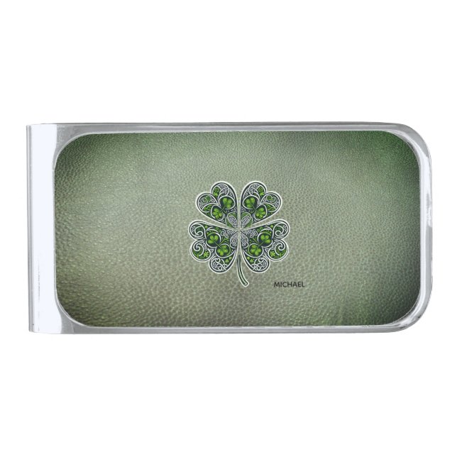 Shamrock Colover  St.Patrick`s Day Green Leather  Silver Finish Money Clip (Front)