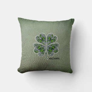 Shamrock Colover St.Patrick`s Day Green Leather Throw Pillow
