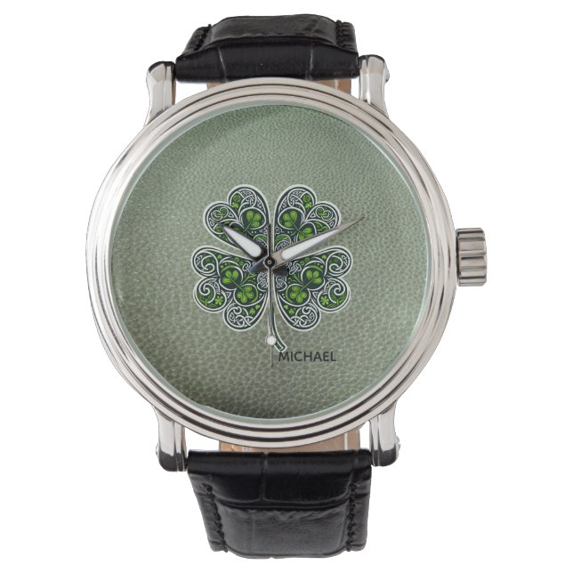 Shamrock Colover  St.Patrick`s Day Green Leather  Watch (Front)