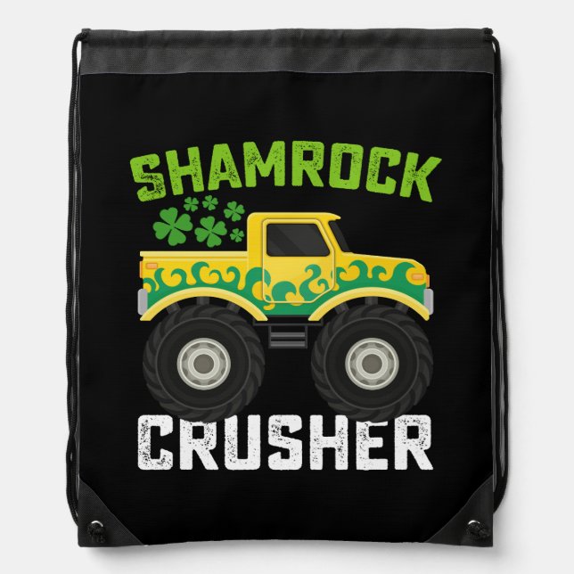 Shamrock Crusher Monster Truck St Patrick's Day Drawstring Bag (Front)