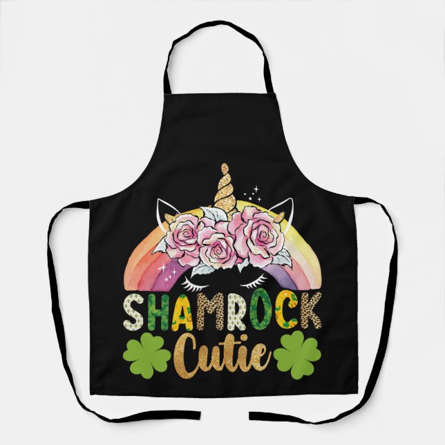 Shamrock Cutie Unicorn Rainbow St Patricks Day Apron (Front)
