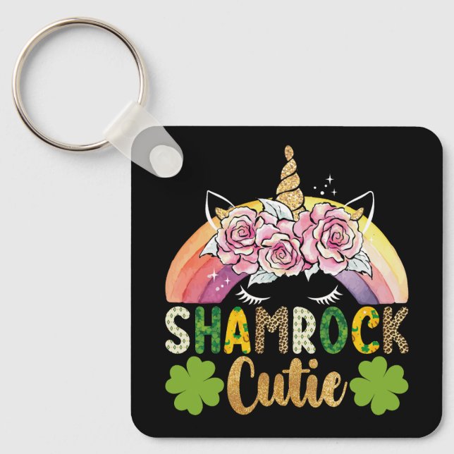 Shamrock Cutie Unicorn Rainbow St Patricks Day Keychain (Front)
