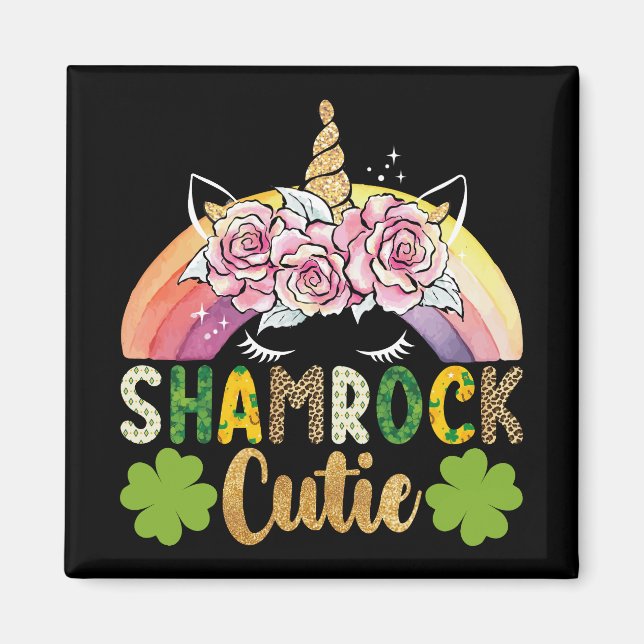Shamrock Cutie Unicorn Rainbow St Patricks Day Magnet (Front)