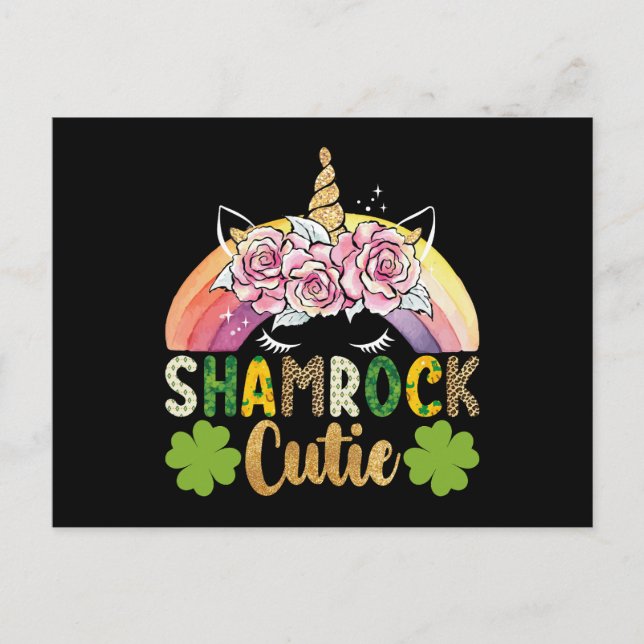 Shamrock Cutie Unicorn Rainbow St Patricks Day Postcard (Front)