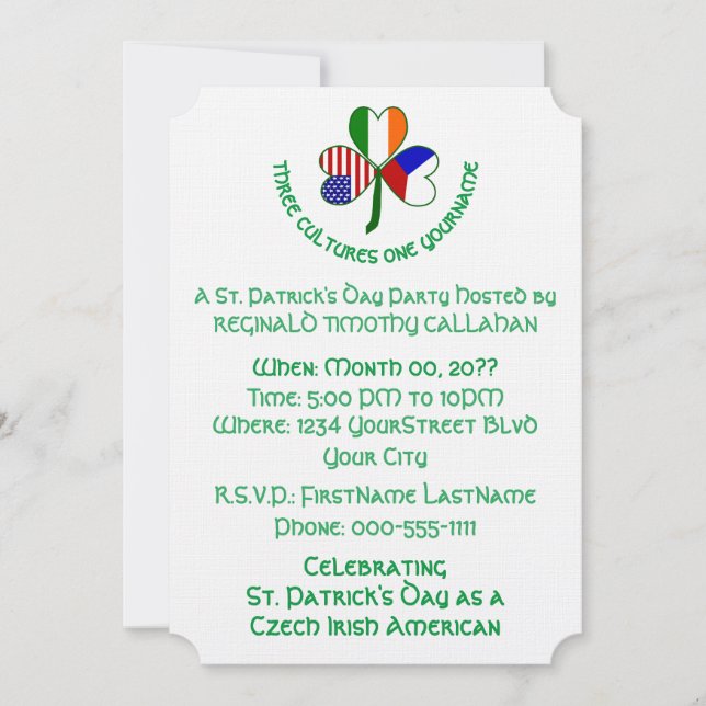 Shamrock Czechia Ireland USA Personalize Text Invitation (Front)