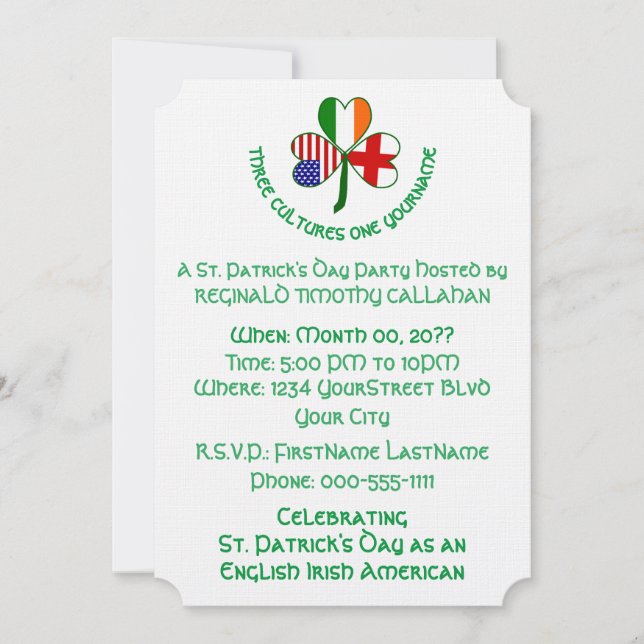 Shamrock England Ireland USA Personalize Text Invitation (Front)