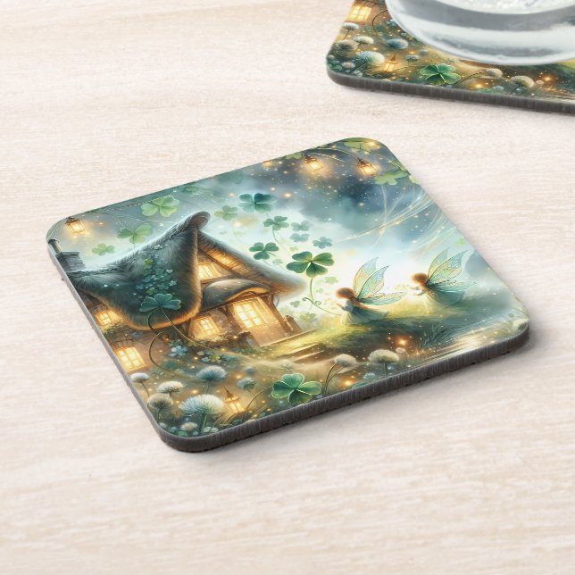 Shamrock Fairy Cottage Glow Beverage Coaster (Left Side)