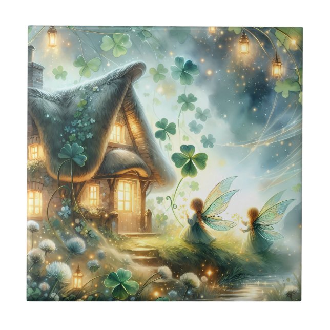 Shamrock Fairy Cottage Glow Ceramic Tile (Front)