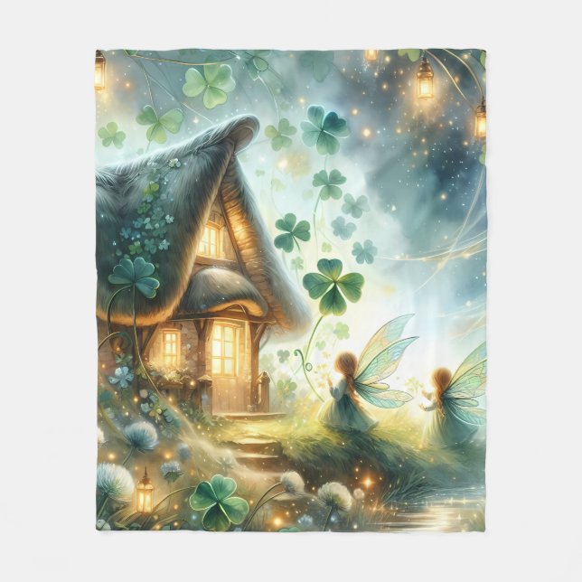 Shamrock Fairy Cottage Glow Fleece Blanket (Front)