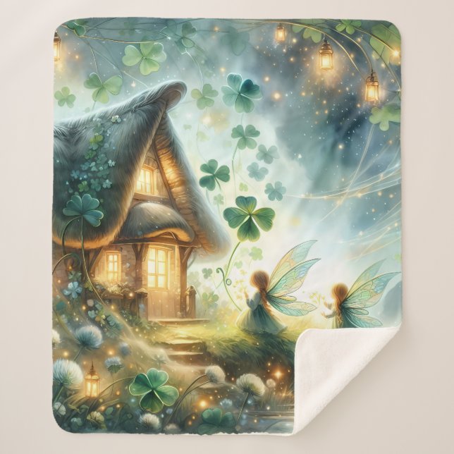 Shamrock Fairy Cottage Glow Sherpa Blanket (Front)