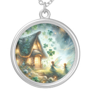 Shamrock Fairy Cottage Glow Silver Plated Necklace