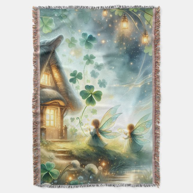 Shamrock Fairy Cottage Glow Throw Blanket (Front Vertical)