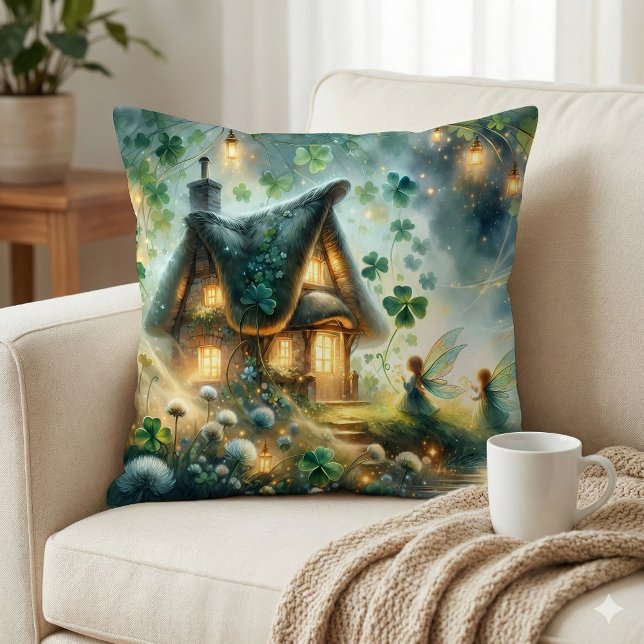 Shamrock Fairy Cottage Glow Throw Pillow (Shamrock Fairy Cottage Glow Throw Pillow Mockup A)