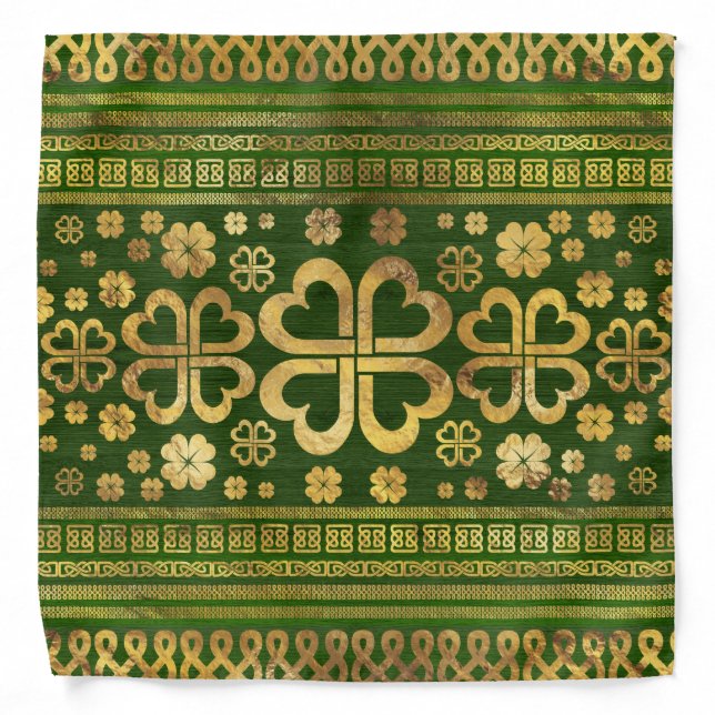 Shamrock Four-leaf Clover Green Wood and Gold Bandana (Front)