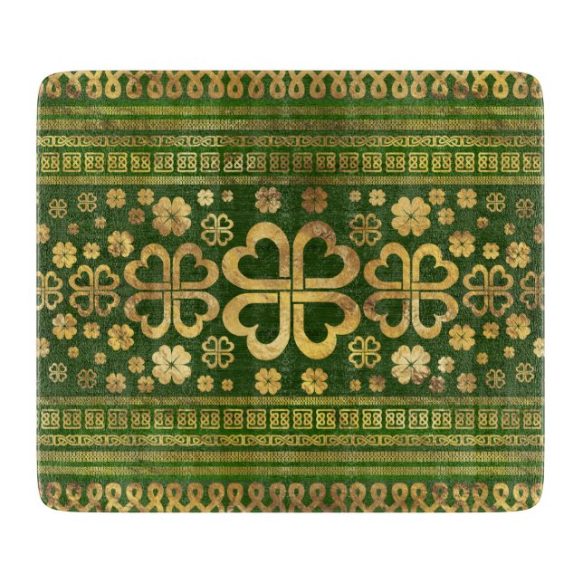 Shamrock Four-leaf Clover Green Wood and Gold Cutting Board (Front)