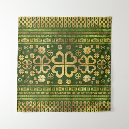 Shamrock Four_leaf Clover Green Wood and Gold Tapestry