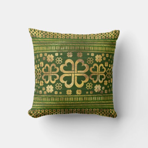 Shamrock Four_leaf Clover Green Wood and Gold Throw Pillow