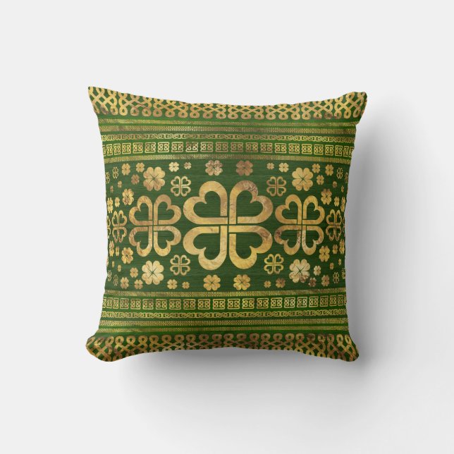 Shamrock Four-leaf Clover Green Wood and Gold Throw Pillow (Front)