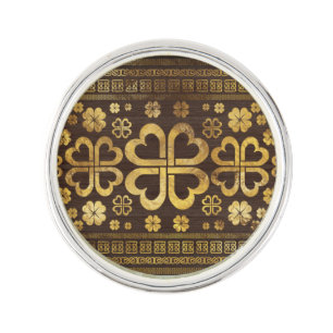 Shamrock Four-leaf Clover Wood and Gold Lapel Pin