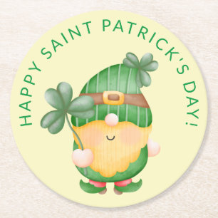 Shamrock Gnome Happy Saint Patrick's Day Round Paper Coaster