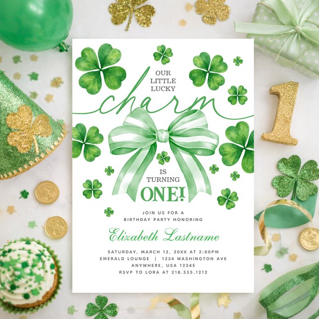 Shamrock Green Bow Lucky Charm 1st Birthday Invitation (Shamrock Green Bow Lucky Charm 1st Birthday Invitation)