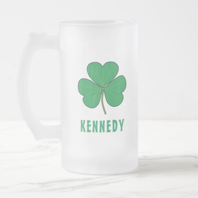 Shamrock Green Clover Ireland Celtic Irish Name Frosted Glass Beer Mug (Left)