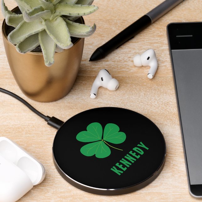 Shamrock Green Clover Ireland Celtic Irish Name Wireless Charger (Desk 2)