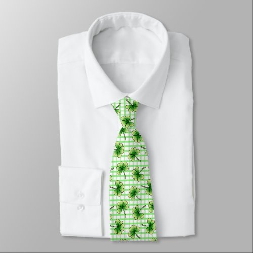 Shamrock Green Plaid St Patricks Day Clover Neck Tie