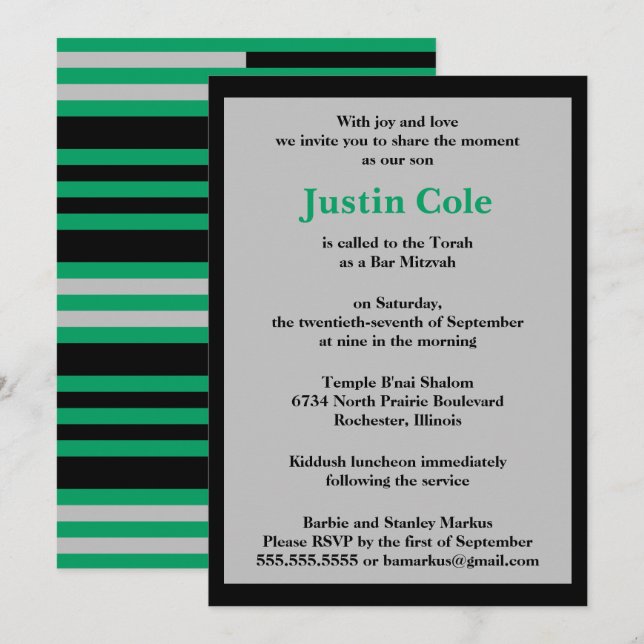Shamrock Green Silver Stripes on Black Bar Mitzvah Invitation (Front/Back)