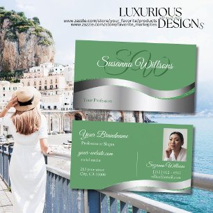 Shamrock Green Wavy Silver Decor Initials Photo Business Card