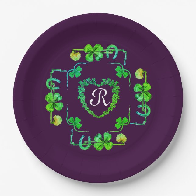 SHAMROCK HEART,FLOWER,GREEN FLORAL MONOGRAM Purple Paper Plates (Front)