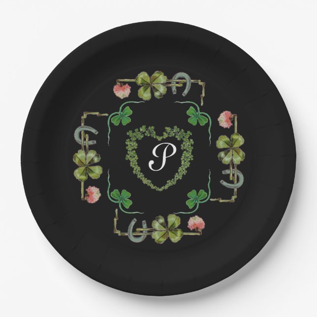 SHAMROCK HEART,FLOWERS,GREEN FLORAL MONOGRAM Black Paper Plates (Front)