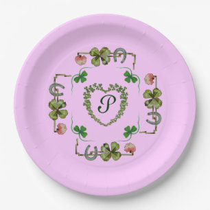 SHAMROCK HEART,FLOWERS,GREEN FLORAL MONOGRAM Pink Paper Plates