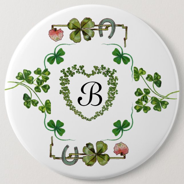 SHAMROCK HEART,FLOWERS,GREEN FLORAL MONOGRAM White Button (Front)