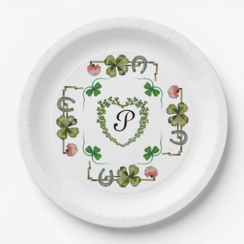 SHAMROCK HEARTFLOWERSGREEN FLORAL MONOGRAM White Paper Plates