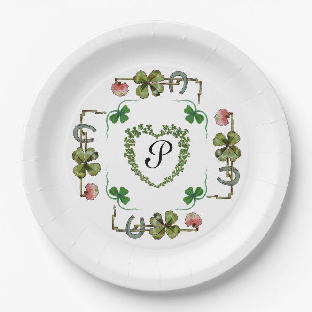SHAMROCK HEART,FLOWERS,GREEN FLORAL MONOGRAM White Paper Plates (Front)