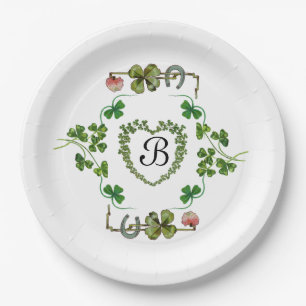 SHAMROCK HEART,FLOWERS,GREEN FLORAL MONOGRAM White Paper Plates