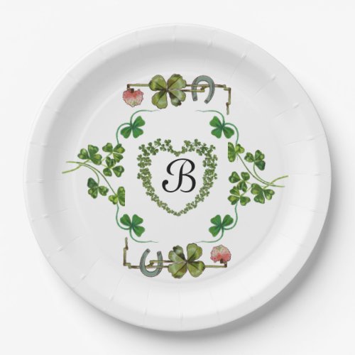 SHAMROCK HEARTFLOWERSGREEN FLORAL MONOGRAM White Paper Plates