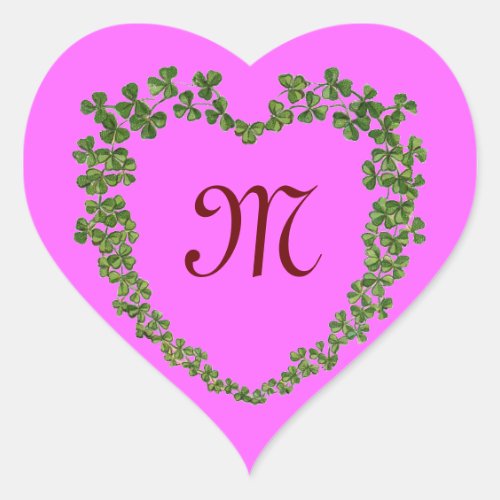 SHAMROCK HEART MONOGRAM St Patricks Day Pink  Heart Sticker