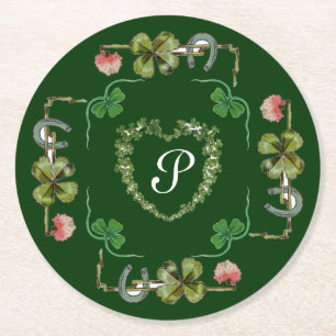 SHAMROCK HEART,PINK FLOWERS,GREEN FLORAL MONOGRAM ROUND PAPER COASTER