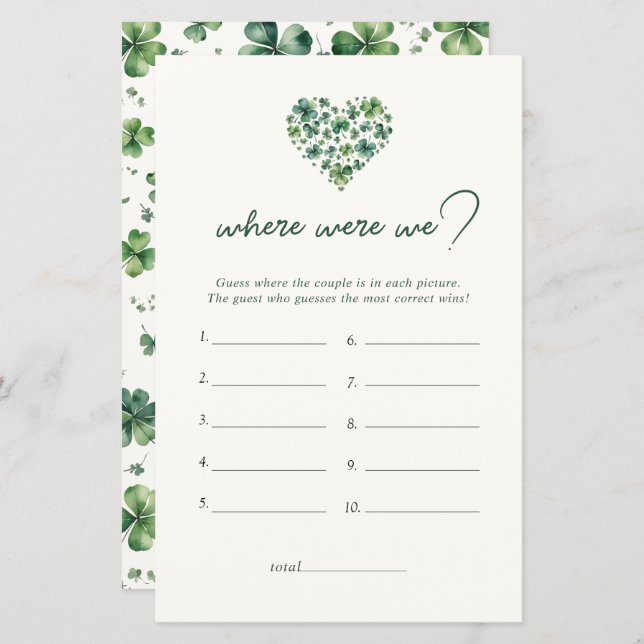 Shamrock Heart Where Were We Bridal Shower Game (Front/Back)