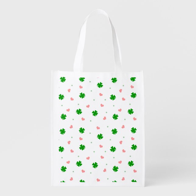 Shamrock Hearts Reusable Grocery Tote Bag (Front)