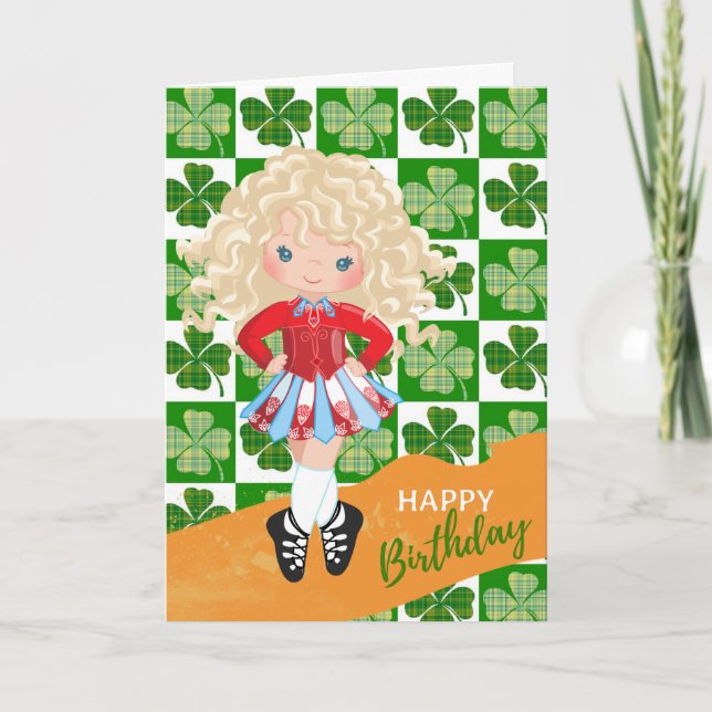 Shamrock Irish Dance Blond Hair Girl Birthday Card (Front)